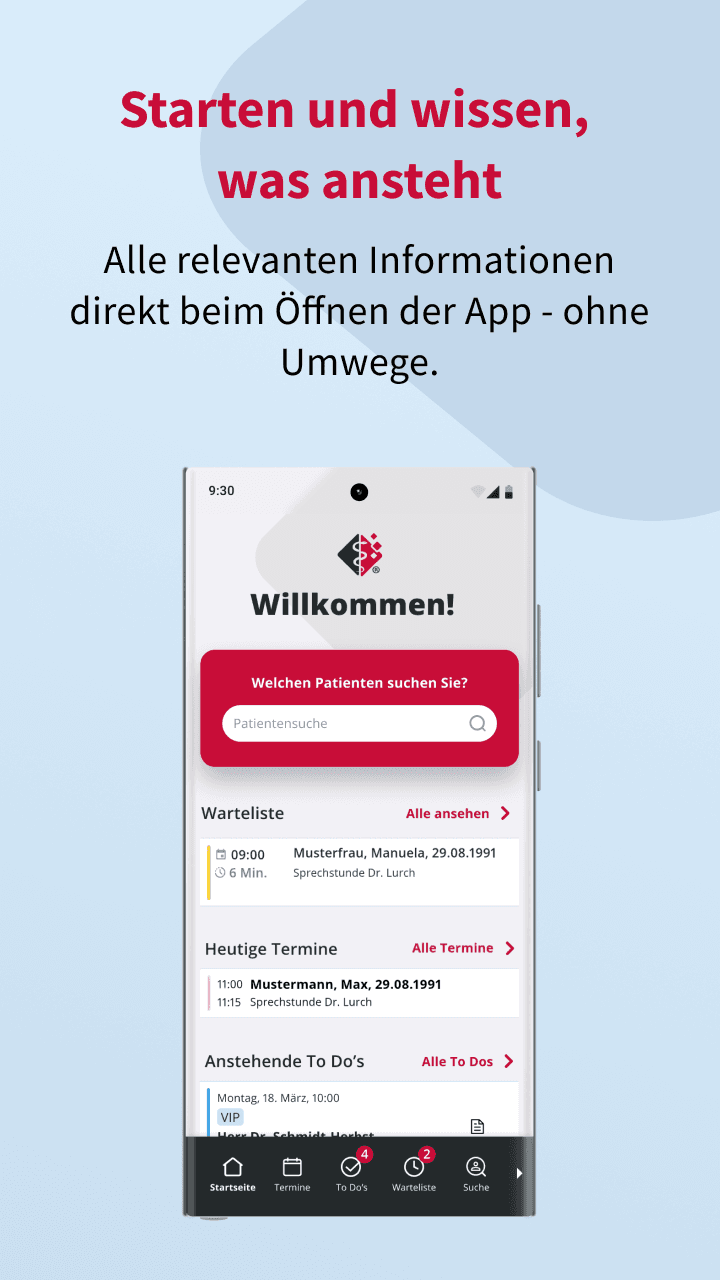 MEDICAL OFFICE App auf dem Smartphone: personalisierte Startseite mit Terminen, Warteliste und To-dos.