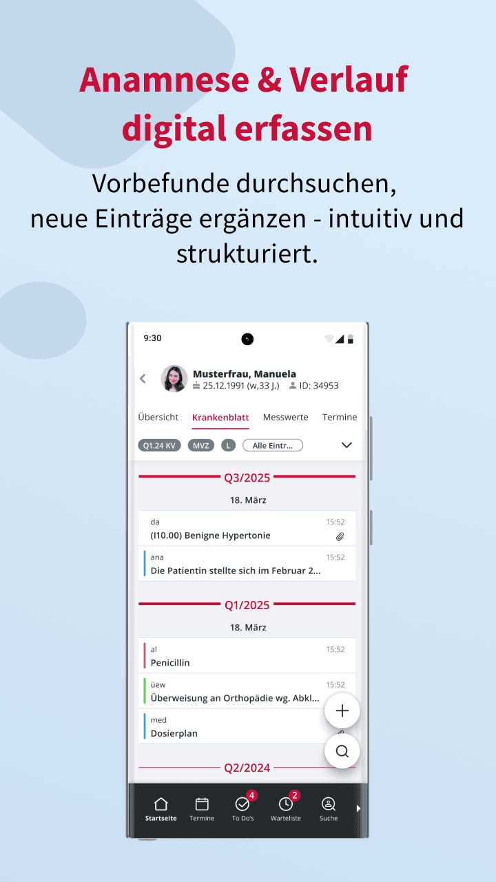 Anamnese und Verlauf in der MEDICAL OFFICE App: chronologische Karteikarte zum Durchsuchen und Ergänzen neuer Einträge.