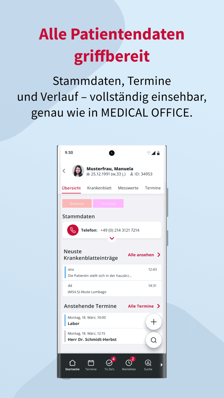 Patientenakte in der MEDICAL OFFICE App: Stammdaten, Kontaktdaten und anstehende Termine vollständig einsehbar, wie in MEDICAL OFFICE.