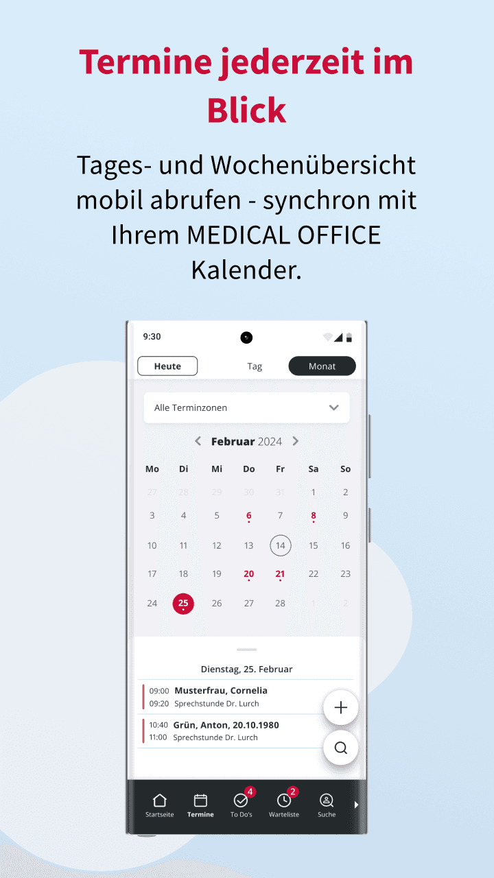 Terminkalender der MEDICAL OFFICE App in der Monatsansicht, mobil abrufbar und synchron mit dem MEDICAL OFFICE Kalender.